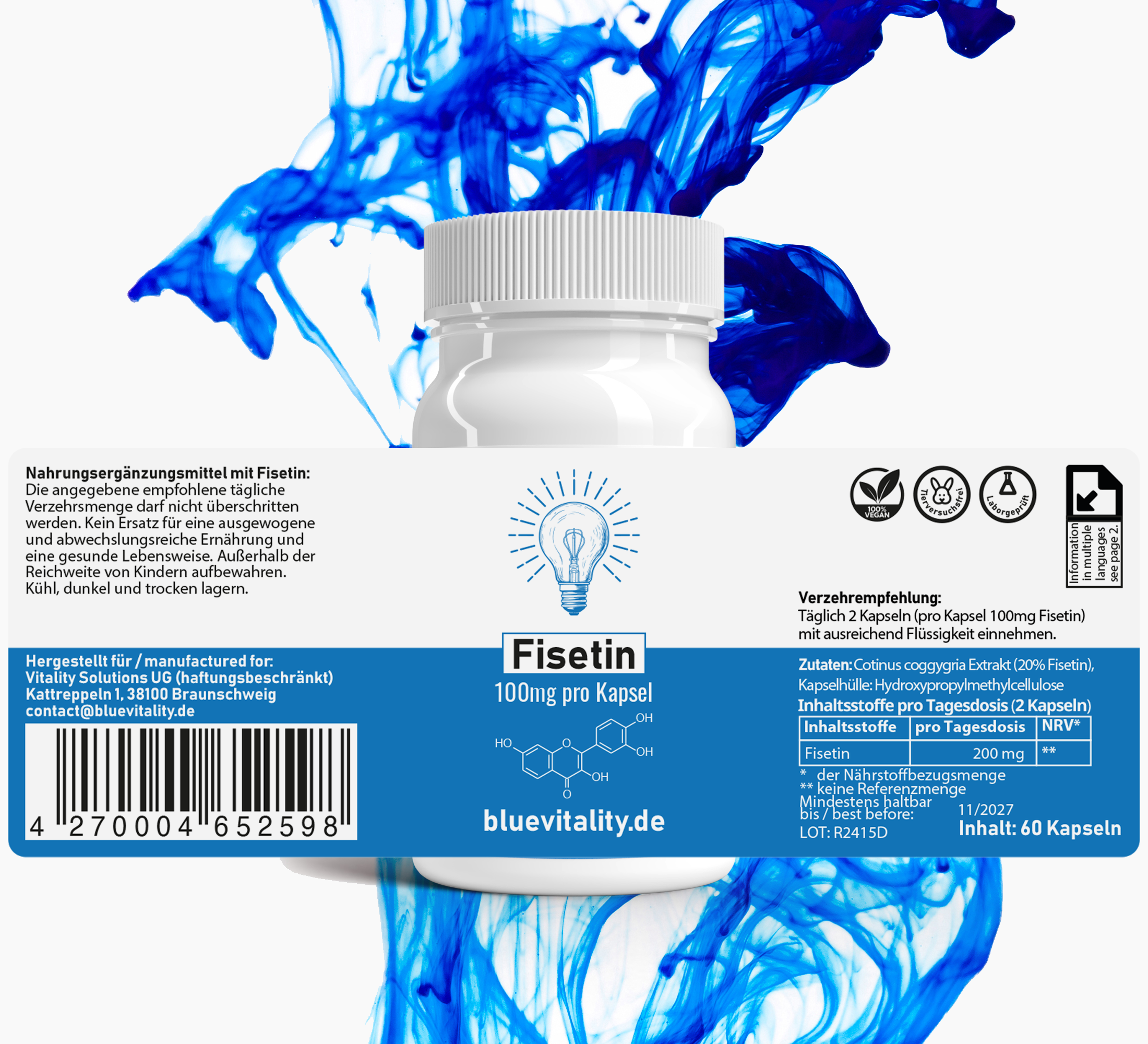 BlueVitality | Fisetin | 200mg Fisetin pro Tagesdosis | 60 Kapseln | Unabhängig laborgeprüft & zertifiziert