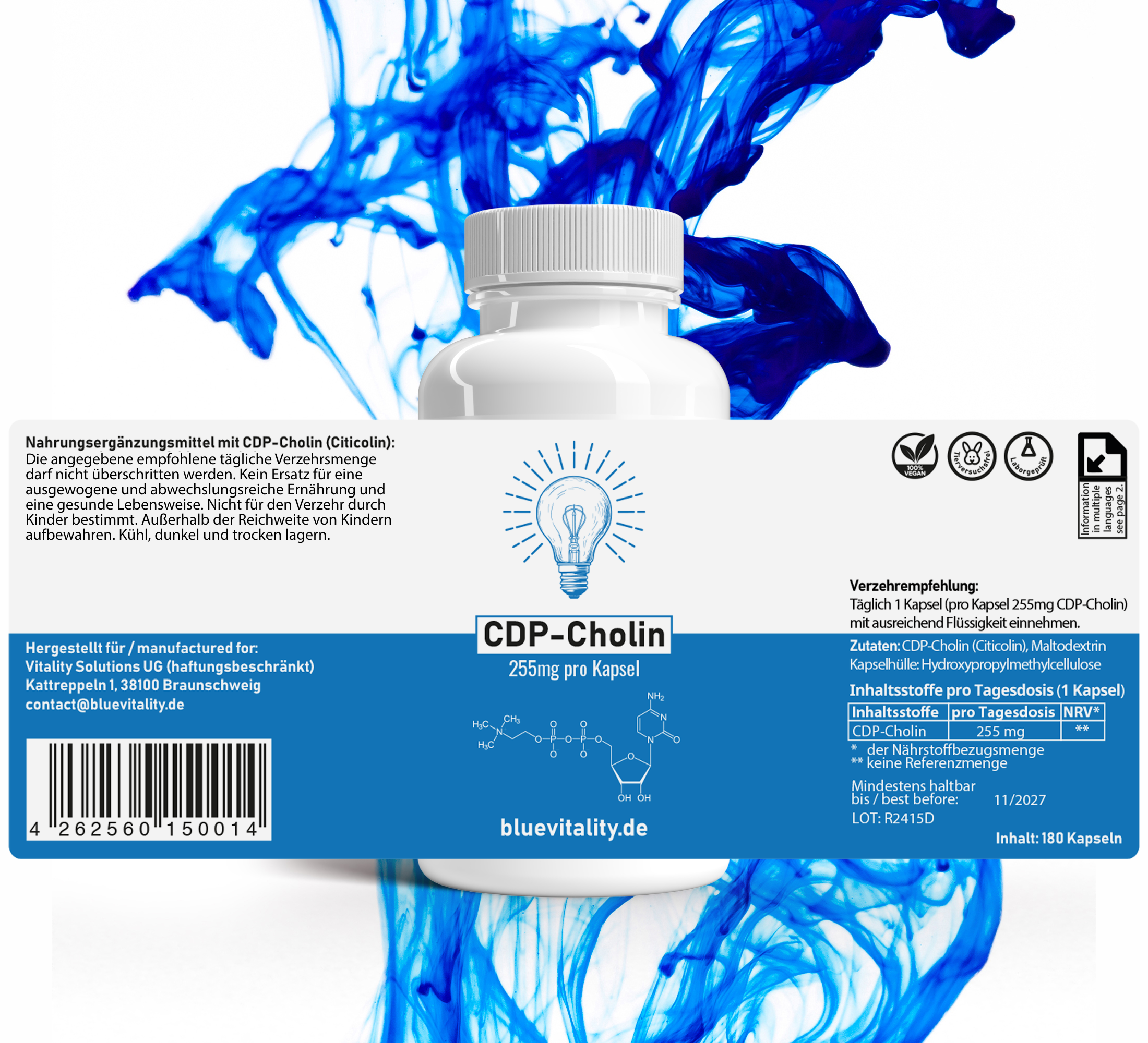BlueVitality | CDP-Cholin (Citicolin) | 255mg pro Kapsel | 180 Kapseln | 6 Monatsvorrat | hochdosiert | vegan & laborgeprüft