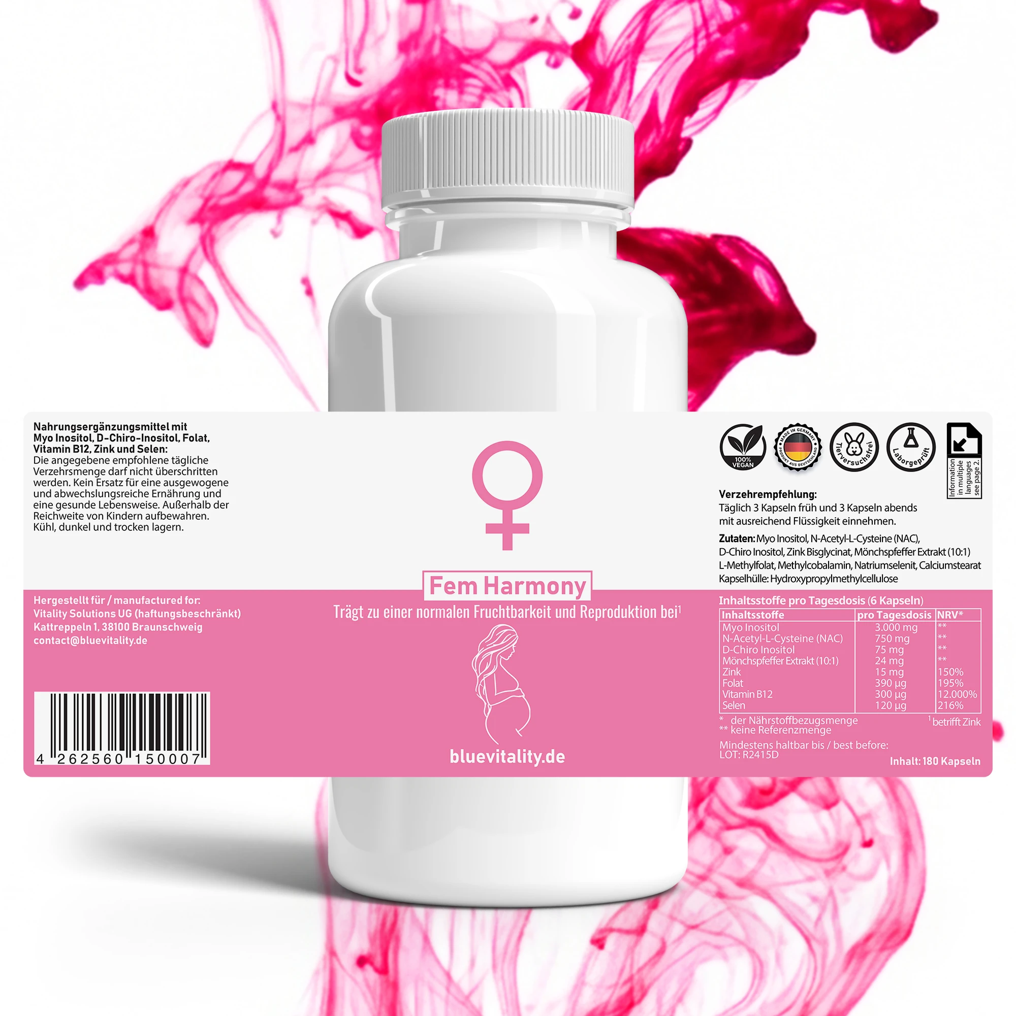BlueVitality | Fem Harmony | Fruchtbarkeit u. PCOS | 180 Kapseln | Unabhängig laborgeprüft & zertifiziert | Qualität aus Deutschland