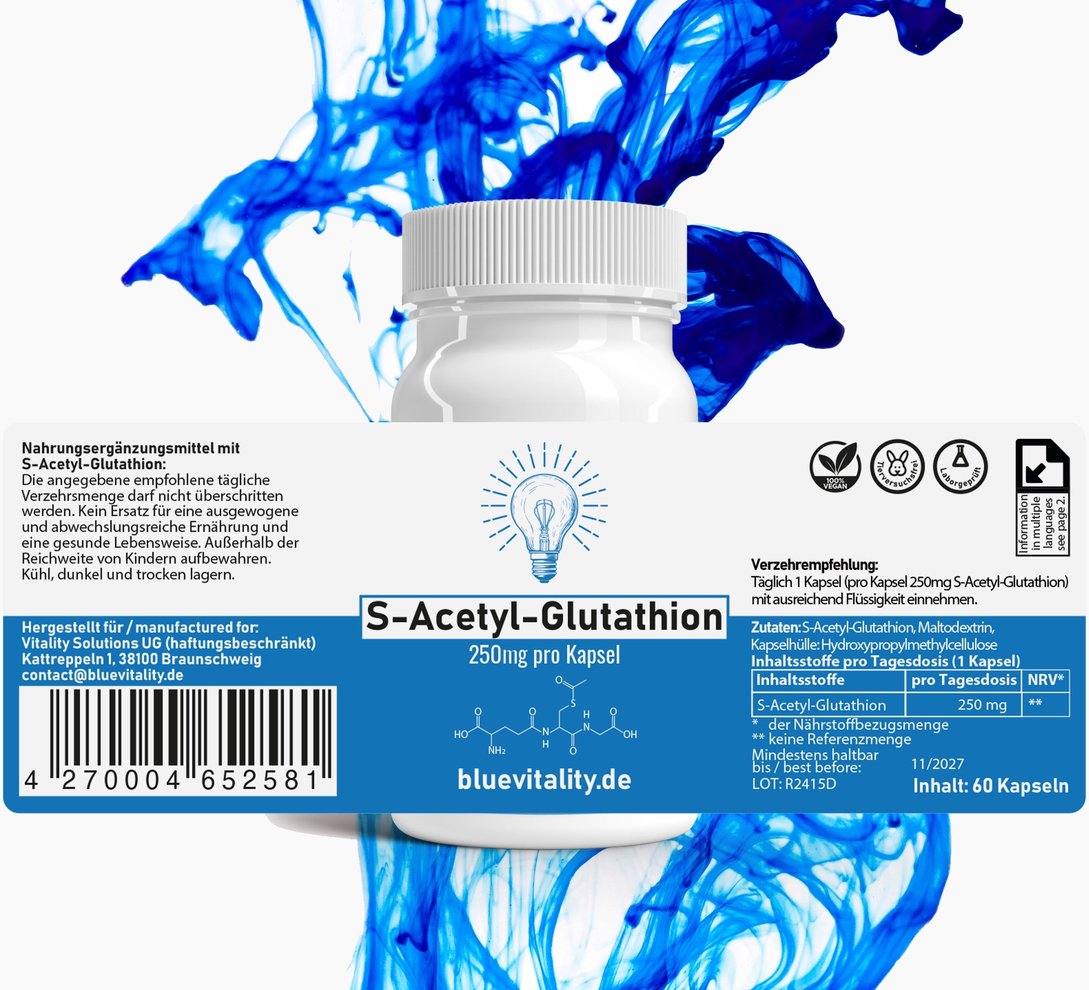 S-Acetyl Glutathion | 250mg pro Kapsel | 60 Kapseln | hochdosiert & stabilisiert | Hohe Bioverfügbarkeit | vegan & laborgeprüft