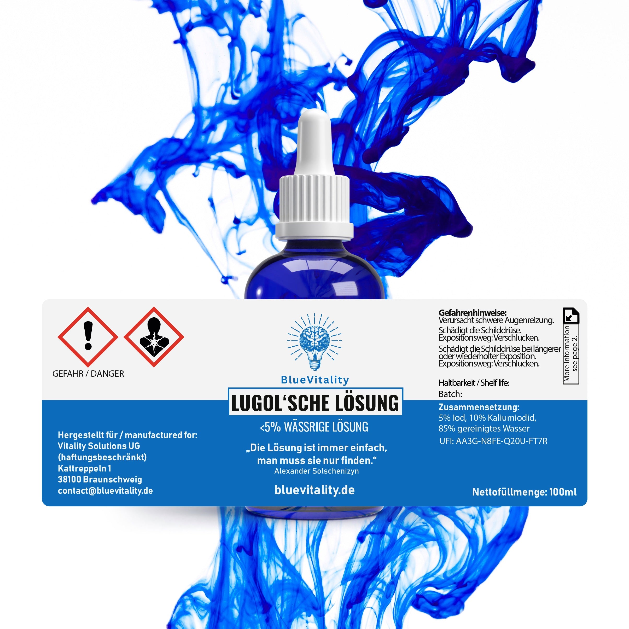 BlueVitality | Lugolsche Lösung 5% | 100ml | Hochreine Jod Tropfen in Blauglasflasche | Premium Jodlösung mit Pipette | Laborgeprüft & Made in Germany