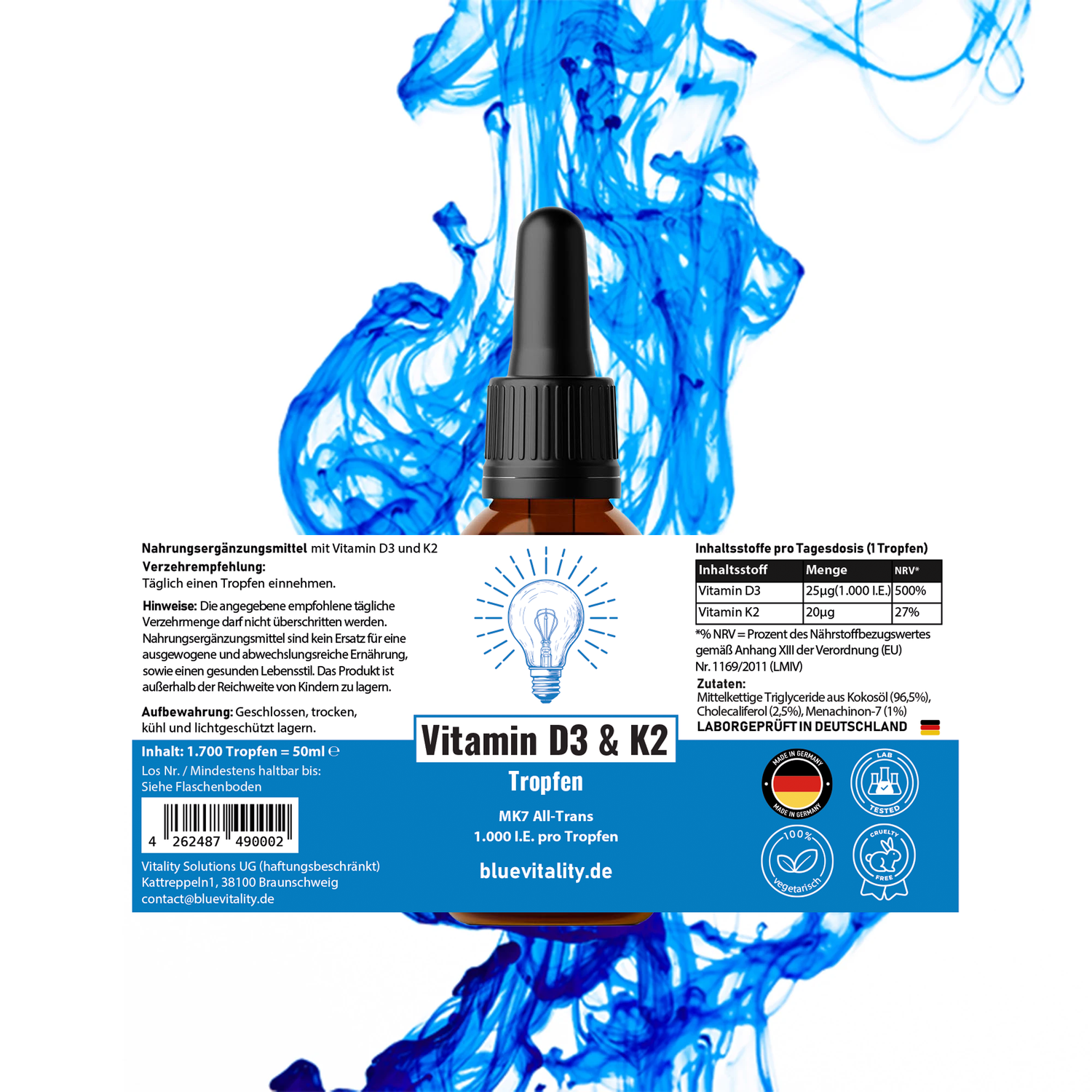 BlueVitality Vitamin D3 + K2 Tropfen – 1.700 Tropfen à 1.000 I.E., 50 ml in MCT-Öl gelöst, laborgeprüft & hoch bioverfügbar