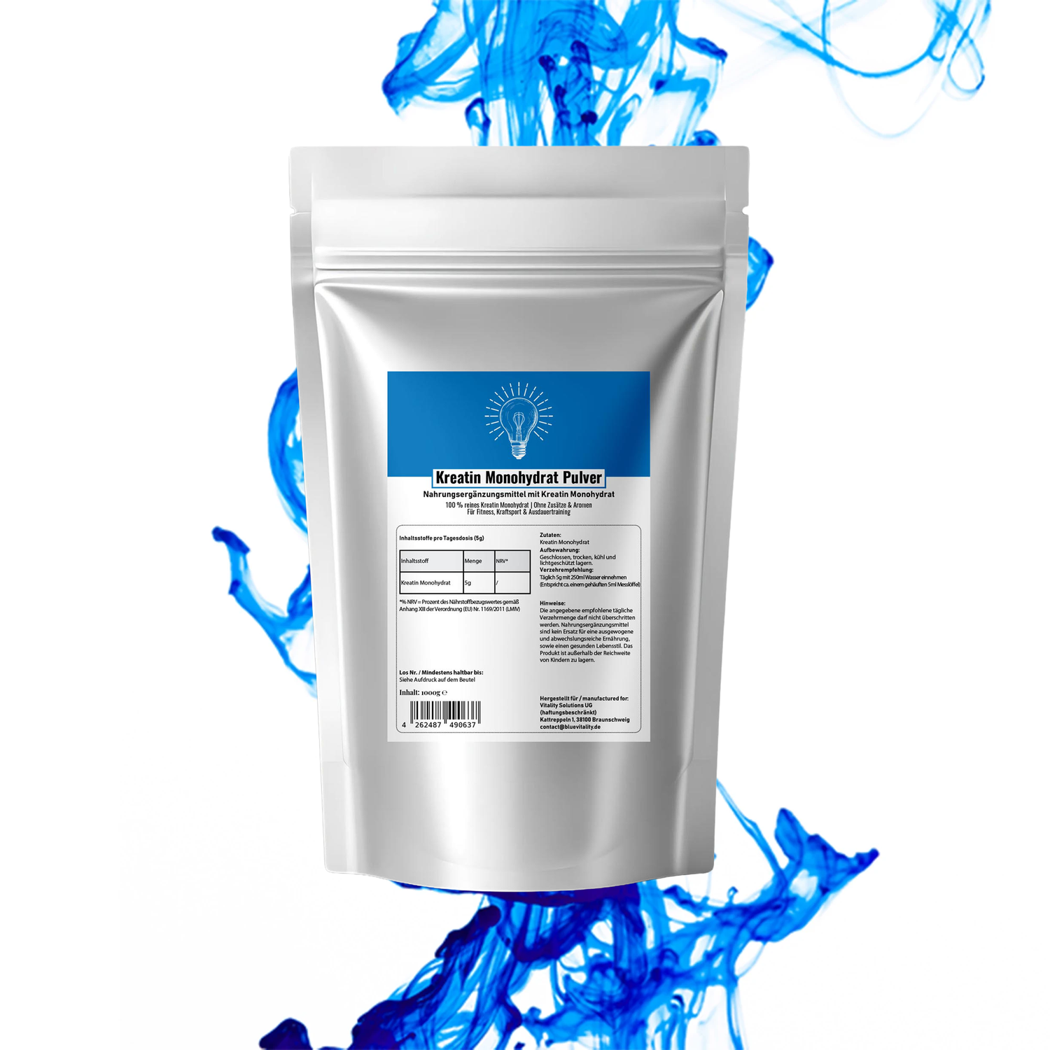 BlueVitality Kreatin Monohydrat – 1000 g im wiederverschließbaren Doypack