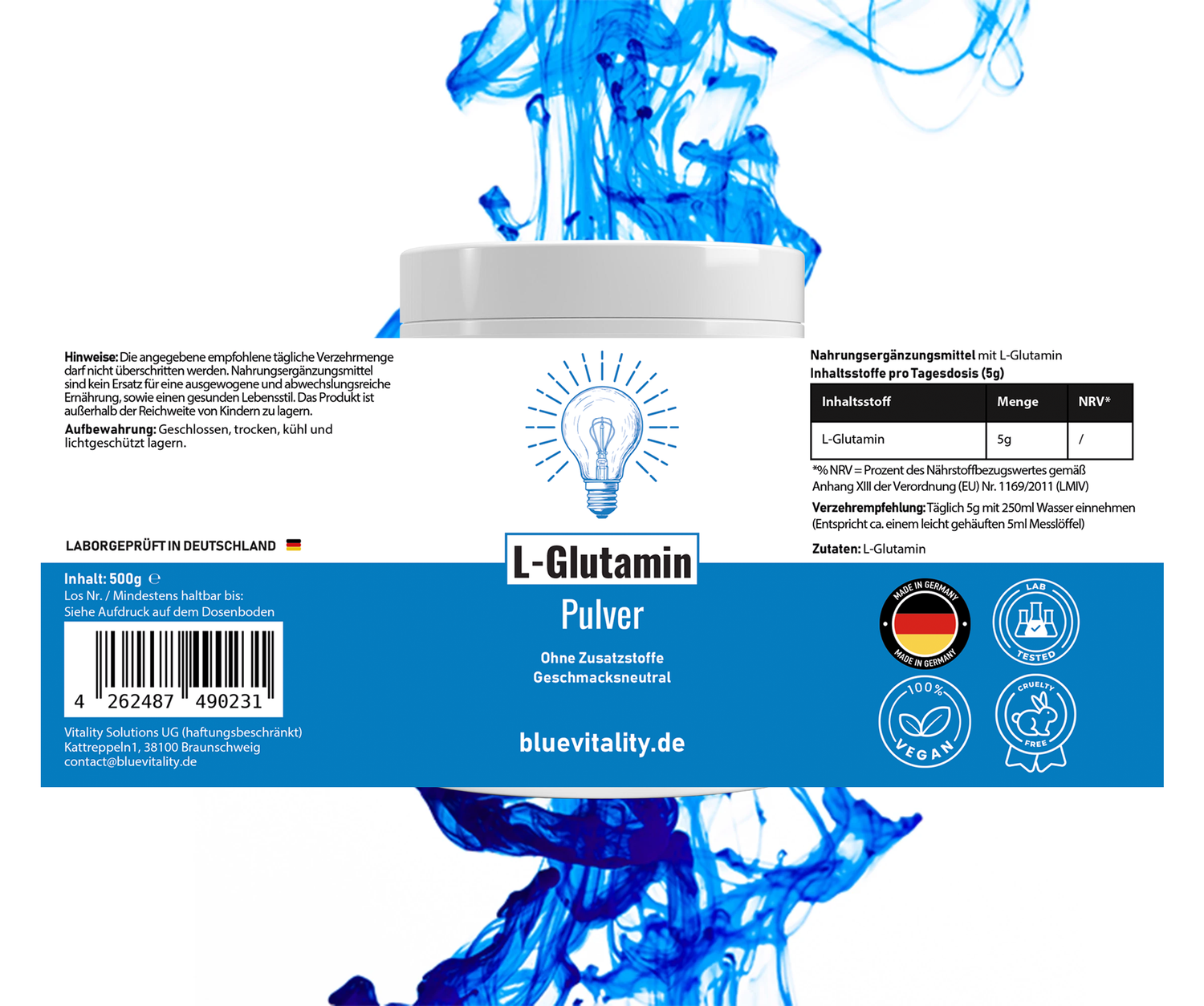 BlueVitality L-Glutamin Pulver – 500 g in Premiumqualität, 100 % rein & mikrofein, laborgeprüft