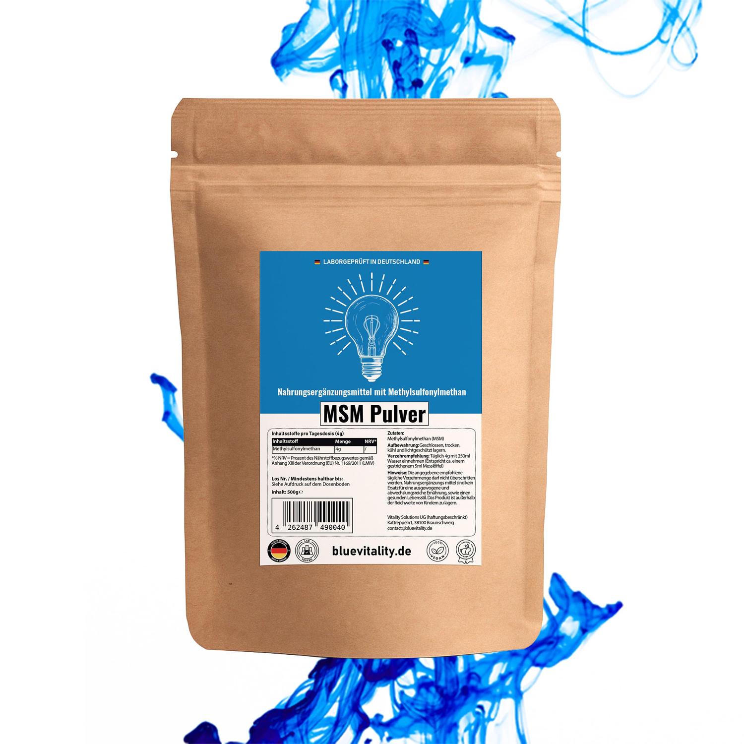 BlueVitality MSM Pulver – 500 g, 100 % reines Methylsulfonylmethan, mikrofein & laborgeprüft