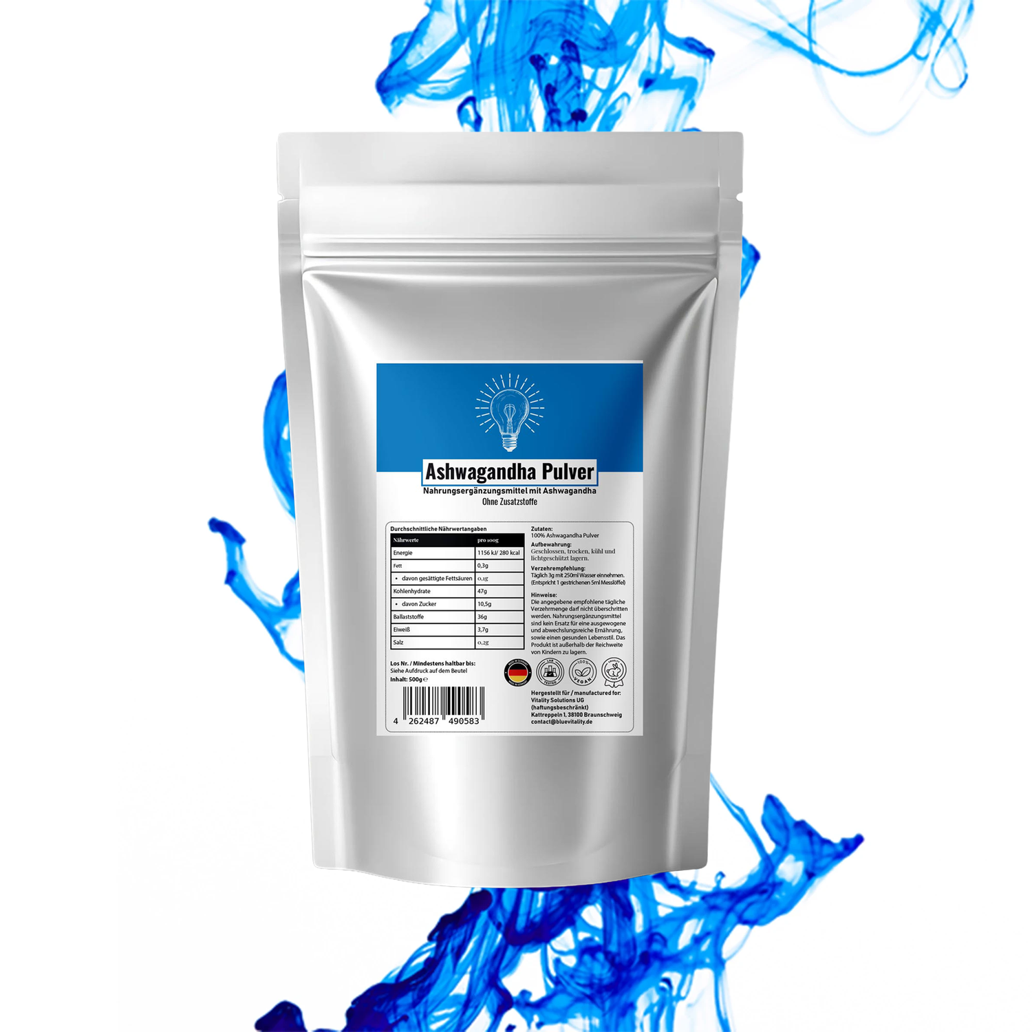 BlueVitality Ashwagandha Pulver – 500 g im wiederverschließbaren Doypack