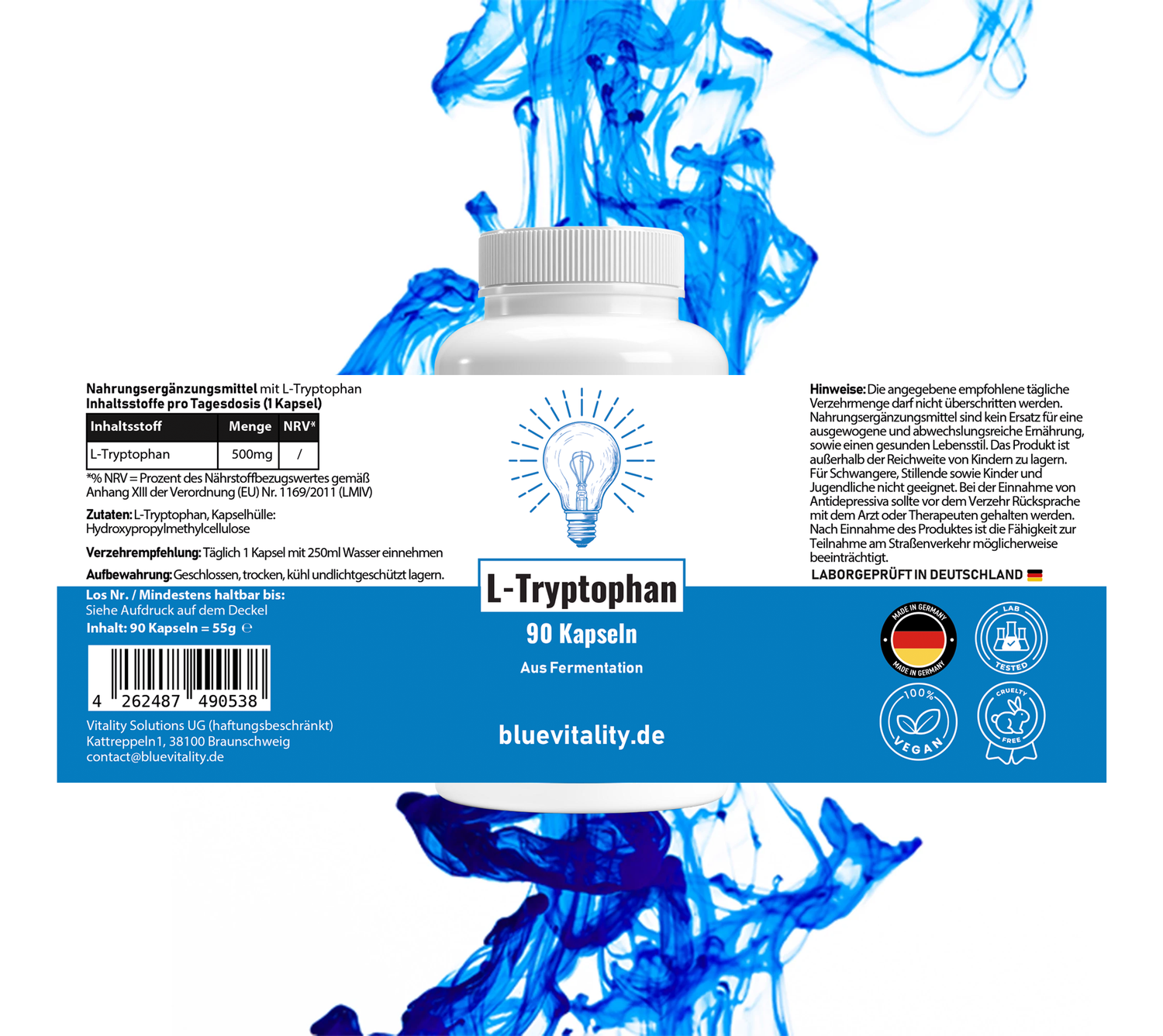 BlueVitality L-Tryptophan – 90 Kapseln, 100 % rein & vegan, laborgeprüft