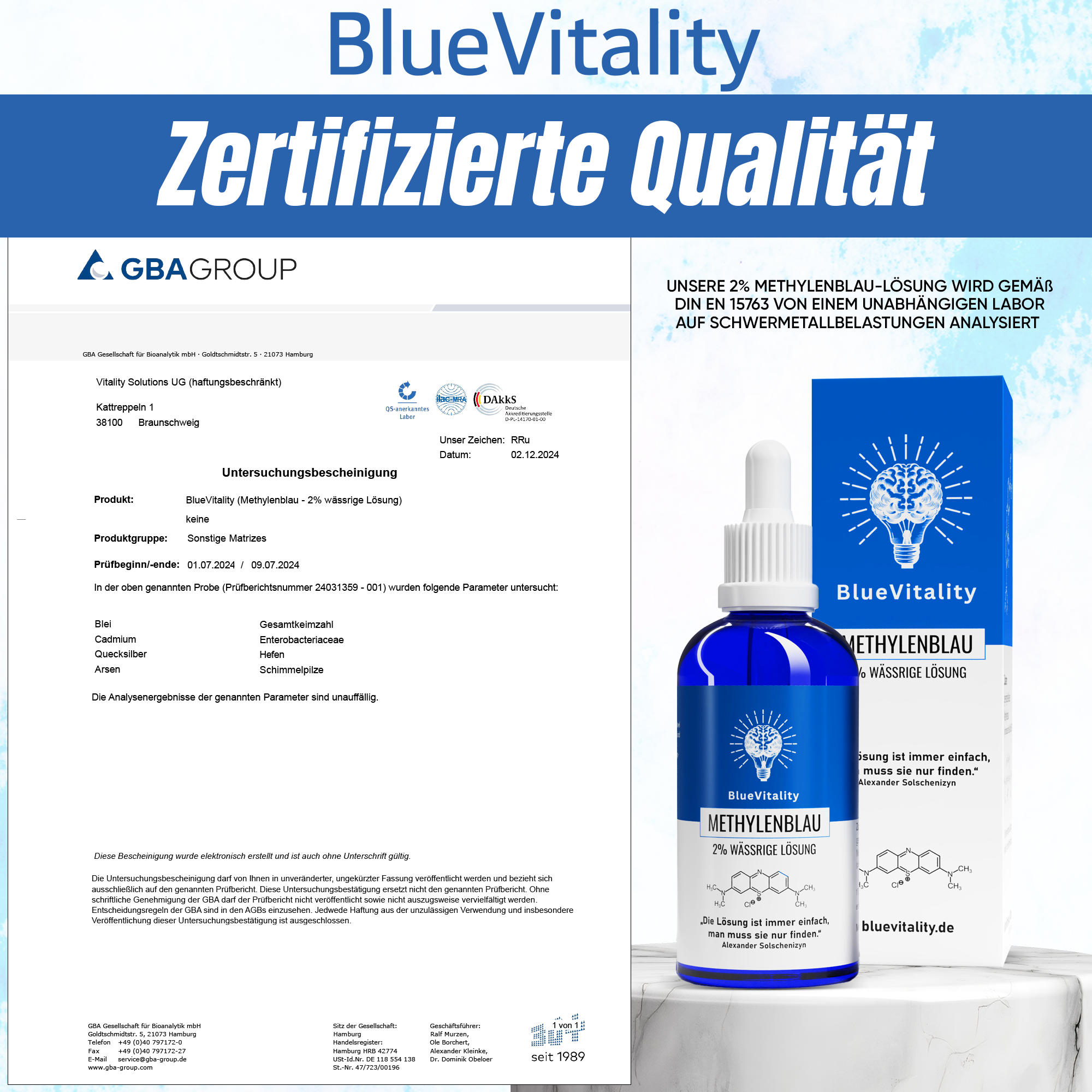 Zertifikat Methylenblau 2% wässrige Lösung